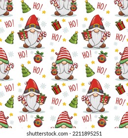 Seamless Pattern Santa Claus With Cute Gnome, Christmas Cartoon Illustration