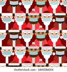 Seamless pattern with Santa Claus of different nationalities in medical masks. Banner concept of celebration of the holidays during a pandemic. Textile, Wallpaper, wrapping paper. Vector illustration.