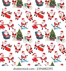 Seamless pattern with Santa Claus in different situations on white background. For textile, paper, wrapping paper 
