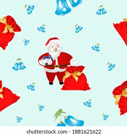 Seamless pattern with Santa Claus elements with a bag of Christmas gifts and toy bells. Seamless vector illustration on a blue background. Merry Christmas in the new year.