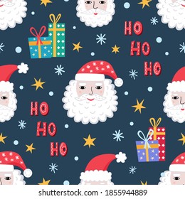 Seamless pattern with Santa Claus face, gifts, snowflakes. Cute cartoon characters. The portrait of Santa with beard and red hat. Isolated vector background for wallpaper, wrapping, textile, scrapbook