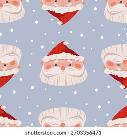 Seamless pattern with Santa Claus faces on a soft winter background with falling snow. Repeating festive design suitable for holiday prints, wrapping, textiles, cards and seasonal creative projects