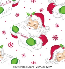 Seamless Pattern of Santa claus with Falala and Snowflakes- Christmas Vector Design