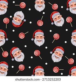 Patrón sin fisuras con Santa Claus. Navidades divertidas Santas y bastones de caramelo, un estampado de vacaciones de invierno para textiles para niños, papel de regalo y texturas de Fondo de pantalla. Cajas de regalo, tarjetas, Anuncios.