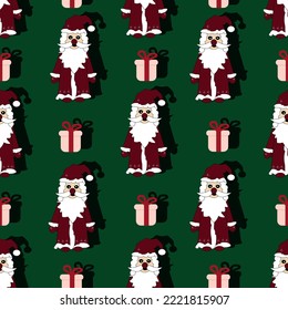 Seamless pattern with santa claus and gift box on green background. Set of christmas elements. Christmas wallpaper. Christmas wrapping paper. 