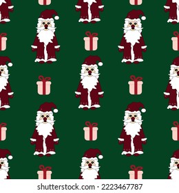 Seamless pattern with santa claus and gift box on green background. Set of christmas elements. Christmas wallpaper. Christmas wrapping paper. 