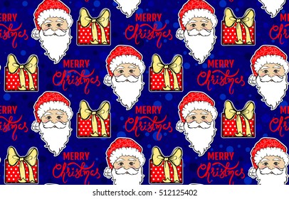 Seamless pattern with Santa Claus, gift box and Merry Christmas lettering design. Merry Christmas and Happy New Year background. Beautiful winter wallpaper. 