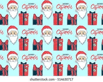 Seamless pattern with Santa Claus, gift box and Merry Christmas lettering design. Merry Christmas and Happy New Year background. Beautiful winter wallpaper