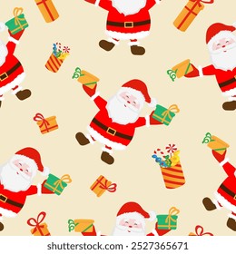 Padrão perfeito com Papai Noel, presentes no fundo amarelo. Design de ano novo para moda, tecido, têxtil, papel de embalagem