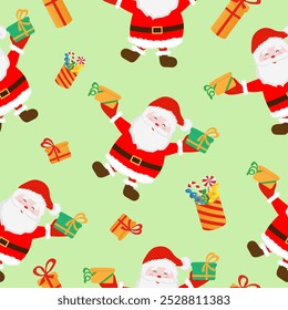 Seamless pattern with Santa Claus, gifts on green background. New year design for fashion, fabric, textile, packaging paper