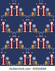seamless pattern with Santa Claus, gifts and snowflake on a dark-blue background