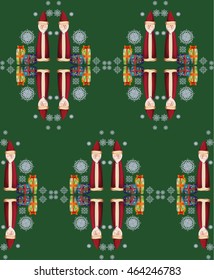 seamless pattern with Santa Claus, gifts and snowflake on a green background