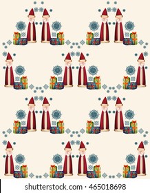 seamless pattern with Santa Claus, gifts and snowflake on a beige background