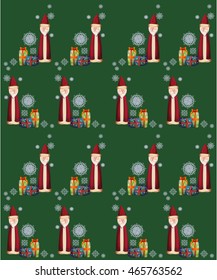 seamless pattern with Santa Claus, gifts and snowflake on a green background