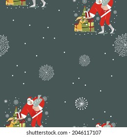 Nahtloses Muster Der Weihnachtsmann schenkt einem Mädchen, Weihnachten, auf dunkelgrünem Hintergrund ein Geschenk.