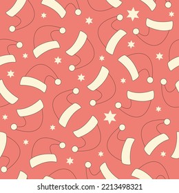 Seamless pattern with Santa Claus hat on a red background. Christmas monochrome design in style retro 70s, 80s. Vector illustration