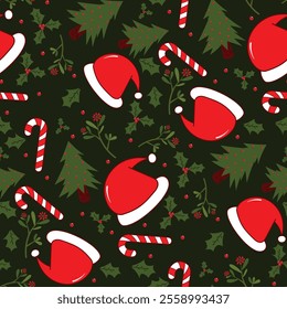 Seamless pattern with santa claus hat, christmas tree, candy, leaves and flowers. Background santa hat and candy christmas celebration