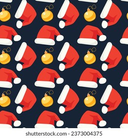 Seamless pattern of Santa Claus hats and New Year's yellow balls for the Christmas tree, background for New Year and Christmas