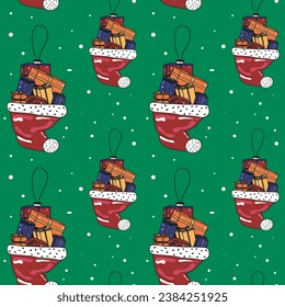 Seamless pattern of Santa Claus hats and gifts. Seamless pattern for Christmas and New Year