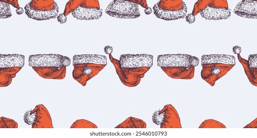 Seamless pattern of Santa Claus hats sketches, vector background, paper, wrapper 