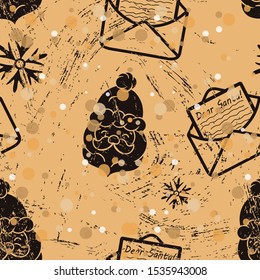Seamless pattern with Santa Claus and letter envelope in old retro style. Repeated vintage pattern grunge design for wrapping paper or background. Craft paper imitation. New Year mood