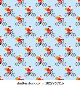 Seamless pattern with Santa Claus on the bike. Merry Christmas cute background. May be used for textile, wrapping, wallpaper, fabric, cover