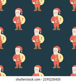 Seamless pattern with Santa Claus on a dark green background. Flat vector illustration