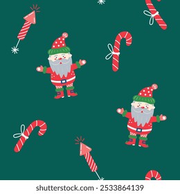 Seamless pattern with Santa Claus on green background. Christmas and New Year. Vector illustration.