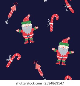 Seamless pattern with Santa Claus on dark background. Christmas and New Year. Vector illustration.