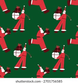 Seamless pattern with Santa Claus on a green background. Cute festive design featuring cheerful Santas, perfect for Christmas wrapping paper, textiles, gift packaging, wallpapers
