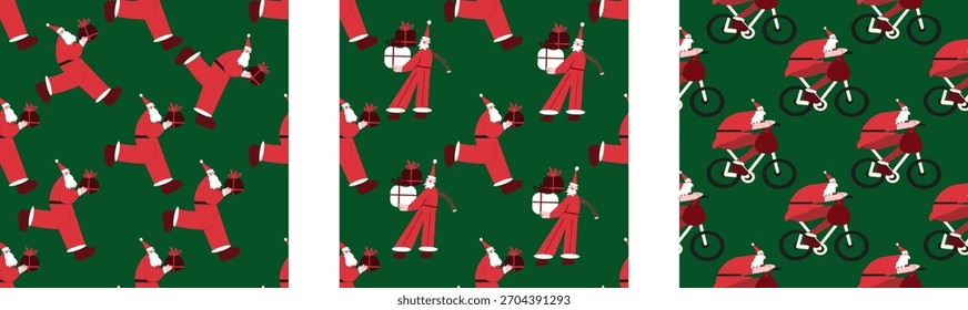 Patrón sin fisuras con Santa Claus sobre un fondo verde. Lindo diseño festivo con alegres santas, perfecto para Navidades de papel de embalaje, textiles, embalaje de regalo, Fondos de pantalla