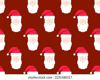 Seamless pattern with Santa Claus in pixel art style. Pixelated face of Santa Claus in retro style hat with 8-bit graphics. Christmas design for greeting card, poster and banner. Vector illustration