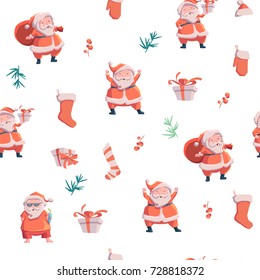 Seamless pattern with Santa Claus, presents, socks.