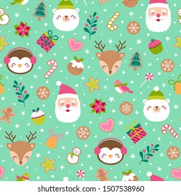 Seamless pattern of santa claus, reindeer, polar bear, penguin and christmas elements background.