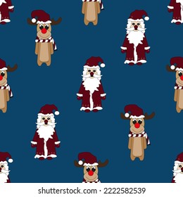 Seamless pattern with santa claus and reindeer with red nouse on blue background. Set of christmas elements. Christmas wallpaper. Christmas wrapping paper. 