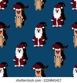 Seamless pattern with santa claus and reindeer with red nouse on blue background with shadows. Set of christmas elements. Christmas wallpaper. Christmas wrapping paper. 