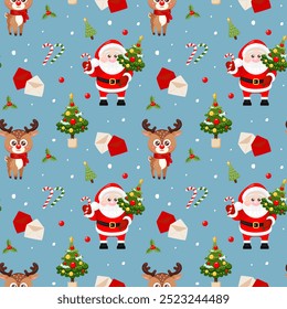 Padrão sem costura com Papai Noel, rena, árvore de Natal, cana de doces e azevinho no fundo azul. Feliz Natal e feliz ano novo. Design para impressão, papel de embrulho, têxtil, tecido, papel de parede