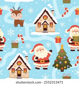Seamless pattern with Santa Claus, reindeer, Christmas tree, gifts, snowflakes and cozy house on blue background. Print for wrapping paper, scrapbooking, Christmas cards.
