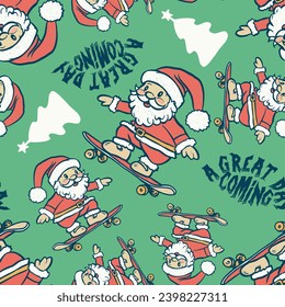 Seamless pattern of a Santa Claus riding a skateboard cartoon drawing and graffiti lettering