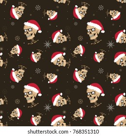 Seamless pattern with Santa Claus skull on dark background. Vector image.