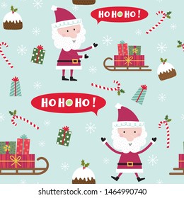 Seamless pattern with Santa Claus, Santa sleigh, pudding, candy cane design, vector illustration
