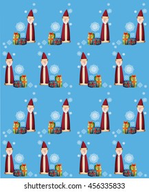 seamless pattern with Santa Claus, snowflake and presents on a blue background