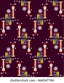 seamless pattern with Santa Claus, snowflake and presents on dark red background