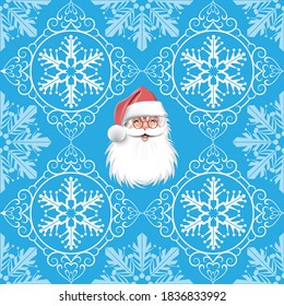 Seamless pattern with Santa Claus and snowflakes on a blue background. Vector image