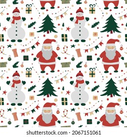 Seamless pattern with santa claus, snowman, christmas tree, presents, garland, flags, confetti, for wrapping paper, holidays decorations