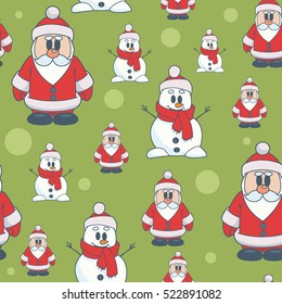 seamless pattern with Santa Claus and snowman on a green background. background in flat design style. Merry Christmas