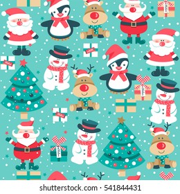 Seamless pattern with Santa Claus, snowman, deer, boxes, penguin and Christmas tree. Vector illustration.