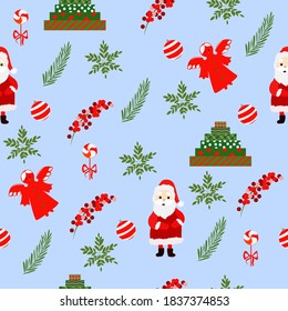 Seamless pattern with Santa Claus and spruce branches