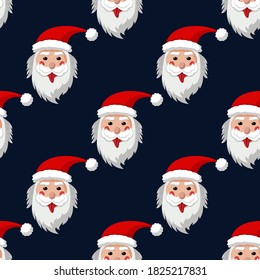 Seamless pattern Santa Claus stick out his tongue. Einstein style. Endless texture in dark blue background.