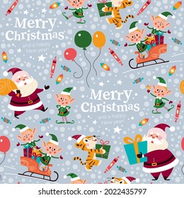 Seamless pattern with Santa Claus, tiger, elves characters in a sleigh with Merry Christmas congratulation. For Christmas cards, invitations, packaging paper etc. Vector flat cartoon illustration.